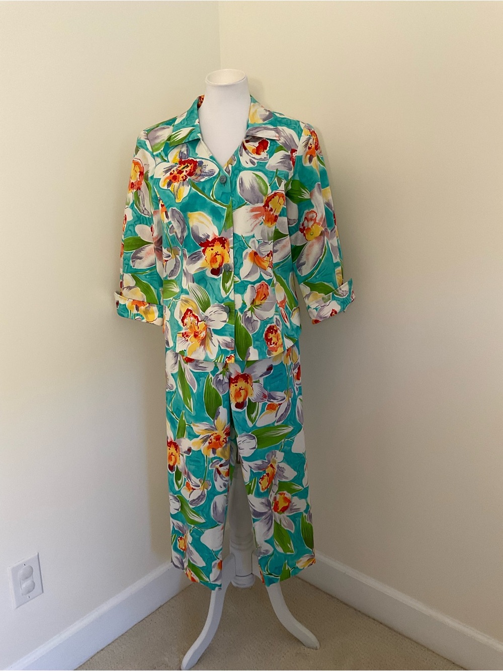 Christina Hope Teal Floral 2-Piece Pantsuit with Multicolor Embellished Blooms